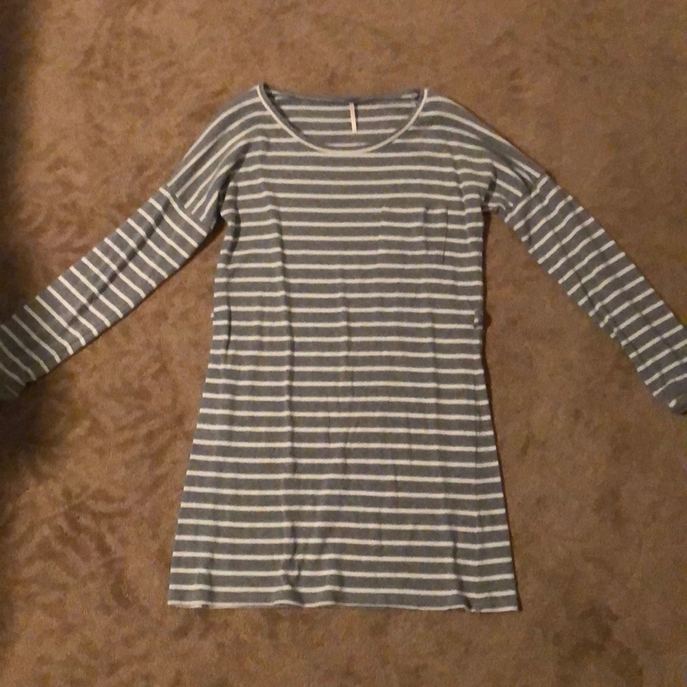 Long grey and white striped A-symmetrical dress